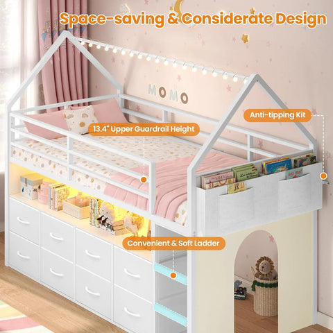 Twin Size Loft Bed With LED Lights And 8 PU Fabric Storage Drawers, house shaped metal bed with open bookcase and curtain