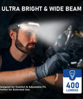Man using Rechargeable LED Headlamp 400 Lumens USB C Five Modes Lightweight And Adjustable for repair work