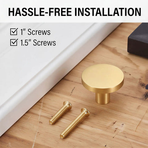 Top Shelf Handymen Approved Solid Brass Cabinet Knobs And Brushed Round Drawer Pulls In A 15 Pack With M4 Hardware for easy installation with 1" and 1.5" screws.