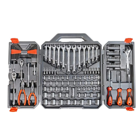 Beast 150 Piece One Quarter And Three Eighths Inch Drive Six Point SAE And Metric Tool Set in open case