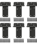 Six Inch Matte Black Steel Door Hinges 6 Pack Heavy Duty Gate Hardware With Included Screws arranged for easy installation.