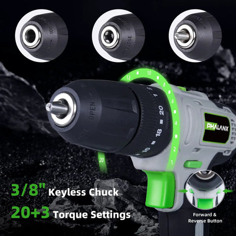 20V Cordless Drill Set With Hammer Drill Function And 3 In 1 Power Drill Kit, close-up of 3/8 inch chuck and torque settings