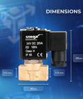 Brass 1/4 Inch NPT Solenoid Valve 24V DC Normally Closed with dimensions and specifications shown, ideal for fluid control.