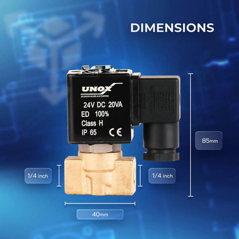 Brass 1/4 Inch NPT Solenoid Valve 24V DC Normally Closed with dimensions and specifications shown, ideal for fluid control.
