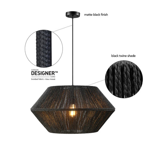 One Light Modern Twine Pendant With Matte Black Canopy And Shade, featuring detailed black twine shade and cord close-up.