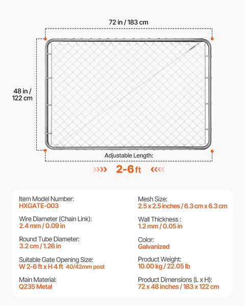 Adjustable Chain Link Fence Gate 72 By 48 Inches Rust Resistant Galvanized Steel Garden Gate for Farm and Yard diagram