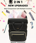 Front view of black Arcoyard rolling backpack for women with quilted front pocket and top handles.