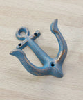 Vintage Rustic Cast Iron Nautical Anchor Wall Hooks Built Tough Real Heavy Duty Coat And Bath Towel Hanger With Quick Install Screws For Household Spaces, sky blue patina, 4x3.7 inches.