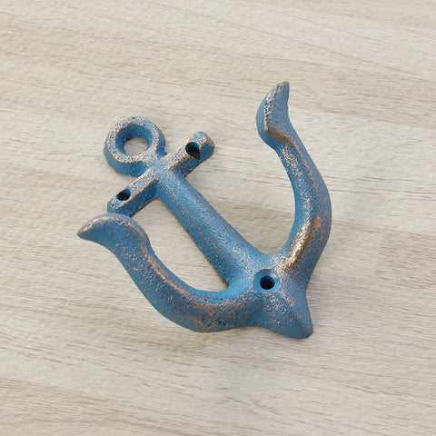 Vintage Rustic Cast Iron Nautical Anchor Wall Hooks Built Tough Real Heavy Duty Coat And Bath Towel Hanger With Quick Install Screws For Household Spaces, sky blue patina, 4x3.7 inches.