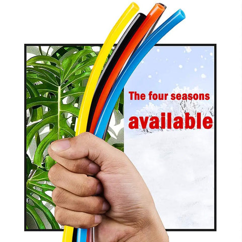 Hand holding assorted colored PU hoses highlighting "four seasons available" message