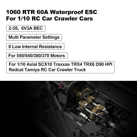 Waterproof 60A Brushed ESC for One Tenth Scale RC Crawlers and Trucks details and specifications displayed.