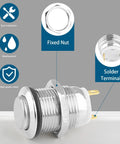 Side view of Six Pack 12mm Momentary Push Button Switches 2 Pin SPST 1NO Aluminum Alloy Round Shell IP66 Waterproof Panel Mount 12V 1A Silver