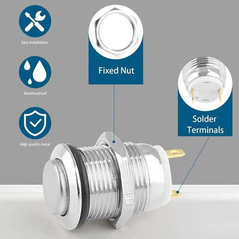 Side view of Six Pack 12mm Momentary Push Button Switches 2 Pin SPST 1NO Aluminum Alloy Round Shell IP66 Waterproof Panel Mount 12V 1A Silver
