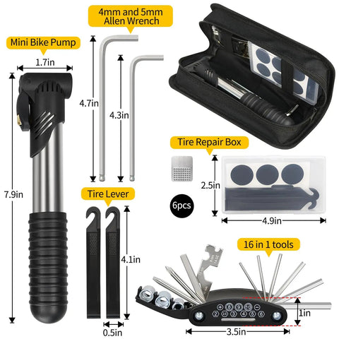 All In One Bike Repair Kit With Mini Pump And 16 In 1 Multitool, Tire Levers, 4mm And 5mm Allen Wrenches, Patches, Polish, And Handy Bag