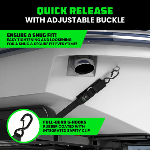 Beefy 2 Inch By 48 Inch Boat Trailer Straps with adjustable buckle shown securing watercraft with full-bend S-hooks
