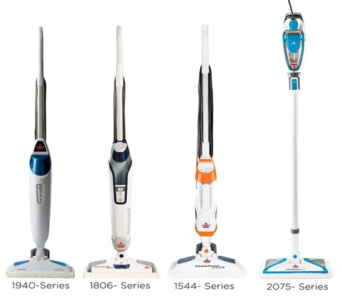 Genuine OEM PowerFresh Steam Mop series lineup showcasing models 1940, 1806, 1544, and Symphony 2075 with different designs.