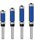 No Hassle 4 Piece Flush Trim Router Bit Set With 1/4 Inch Shank And Top Bottom Bearings, solid carbide tips for woodworking.