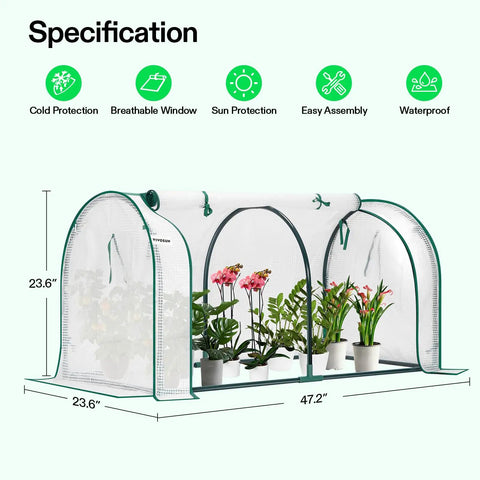 Grab-And-Go Portable Mini Greenhouse 47x23x23-Inch For Indoor Or Outdoor Plant Growing, PE Cover With Roll-Up Zipper Door, Sturdy Powder-Coated Steel Frame, Easy Setup Garden Shelter For Seedlings And Veggies
