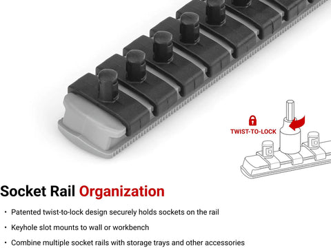 Close-up of socket rail with twist-to-lock design from the One Quarter Inch Drive Torx Socket Set, 10-Piece With Rail, T6 Through T30, S2 Steel Bits Press-Fit For A Solid Connection, Durable Tool Rail For Quick Access, Super Handy For Auto Work And DIY Projects.