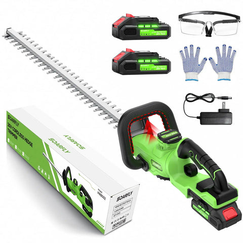 Cordless 22 Inch Hedge Trimmer With Two 2Ah Batteries 20V Power shown with package, safety gloves, charger, and goggles