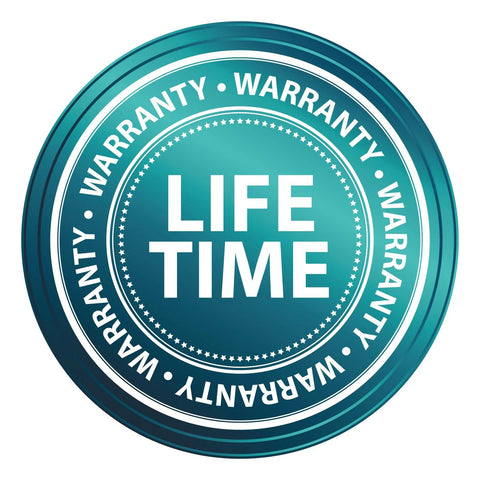 Blue circular badge with the words 'LIFE TIME WARRANTY' in bold white letters.