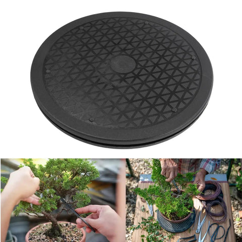 Heavy Duty 10 Inch Bonsai Turntable Base With Steel Ball Bearings Lazy Susan Rotating Stand For Bonsai Pruning And Flower Arranging Rugged Beast Of A Display Platform For Crafts And Do It Yourself Projects featuring textured surface, bonsai tree, and pruning tools.