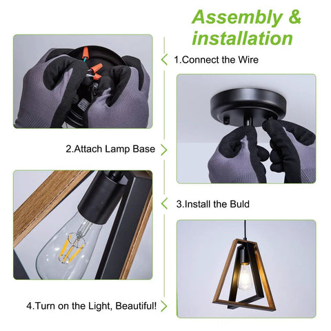 Installation guide for Farmhouse Pendant Light Kit Two Pack with Adjustable Hanging Lights for Kitchen Island Black and Wood Rustic Fixture.