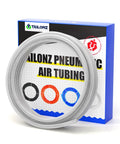 Reinforced Polyurethane Air Tube 12mm OD 10 Meters in front of packaging, ultra flexible air hose for line tubing or fluid transfer, oil resistant.