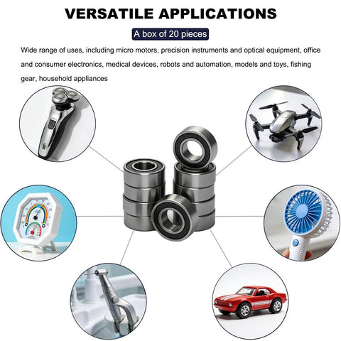 Compact 4mm Inner Diameter 8mm Outer Diameter 3mm Bore Deep Groove Ball Bearings with Double Rubber Sealed Shields, showing various applications.
