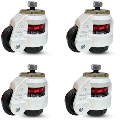 Straight Up Durable Industrial Grade Retractable Leveling Casters With Self Adjusting Dial Leveler And Threaded Stem four pack, grey casters with red dials.