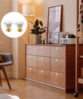 12 Pack 30mm Gold Crystal Cabinet Knobs Featuring Slick Diamond Cut Glass Faces And Durable Aluminum Alloy Backplates on a dresser.