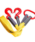 Two-leg polyester lifting sling with red hooks and oval master link, yellow webbing, 5 ft by 3 in