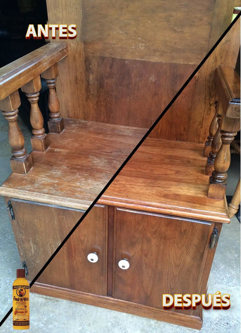 Wood Polish And Conditioner With Carnauba Wax And Beeswax And Orange Oil For Antique Furniture Dining Tables Cabinets and Trim 8 Oz used on wooden furniture with visible before and after polishing effects.