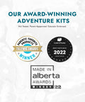 Image showing award badges for adventure kits, including Tillywig Awards, A Year of Boxes, and Made in Alberta Awards.
