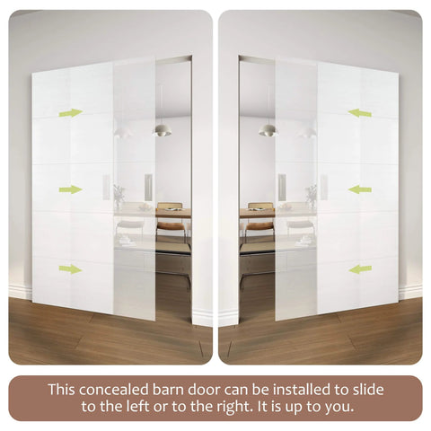 36X84 White Concealed Sliding Barn Door With Hidden Rail And Soft Close Hardware Kit, shown sliding both directions
