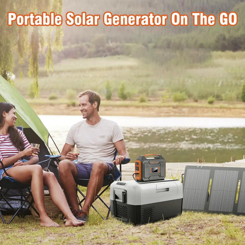 Couple camping with Portable Solar Generator 300W Power Station With Foldable 60W Solar Panel And 280Wh Battery Pack nearby