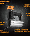 Kickass Pneumatic Brad Nailer 18 Gauge 2 Inch Drive With Quick Jam Release And Hardened Steel Blade showing features like comfort grip handle and adjustable exhaust.