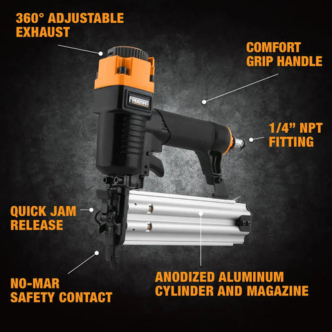 Kickass Pneumatic Brad Nailer 18 Gauge 2 Inch Drive With Quick Jam Release And Hardened Steel Blade showing features like comfort grip handle and adjustable exhaust.