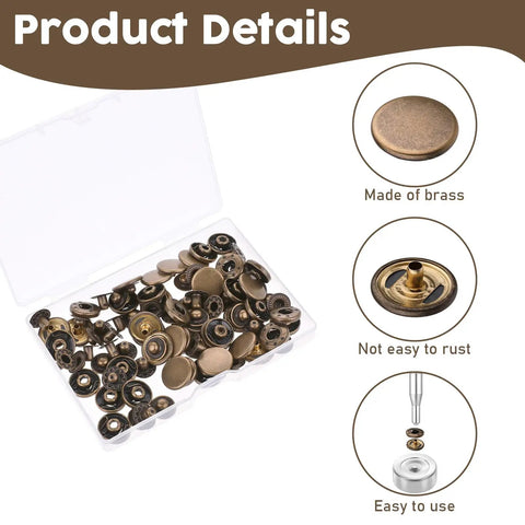 Heavy Duty Leather Snap Fasteners Kit For DIY Projects, 15mm Metal Snap Buttons in bronze finish with installation tools