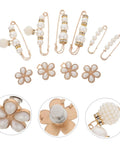 Eight Piece Pearl Waist Tightener Pins With Secure Locking Buckle System, eight clips in a pearl design for securing loose jeans.