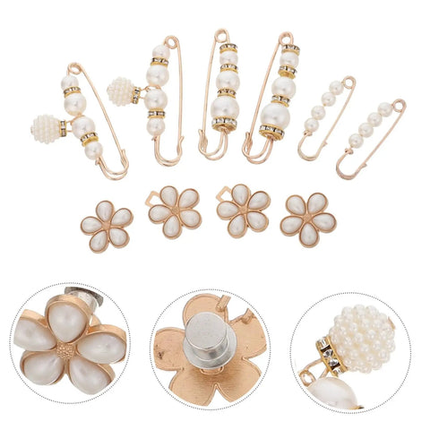 Eight Piece Pearl Waist Tightener Pins With Secure Locking Buckle System, eight clips in a pearl design for securing loose jeans.