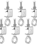 Front view of six stainless steel I-Beam C clamps with M8 screw rings and 4.72 inch beam depth for metal mounting.
