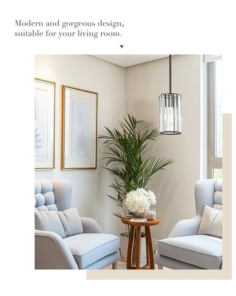 Four-Tier Crystal Chandelier In Matte Black, Modern 3-Light Pendant For Dining Room pictured in a cozy living room interior.