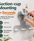 Two Pack Beefy Aluminum Suction Cup Razor Holder For Shower No Sweat Setup On Tile Keeps Razors And Shower Essentials Snug With Sure Twist Lock Base In Classic Brushed Silver Finish mounted on tile.