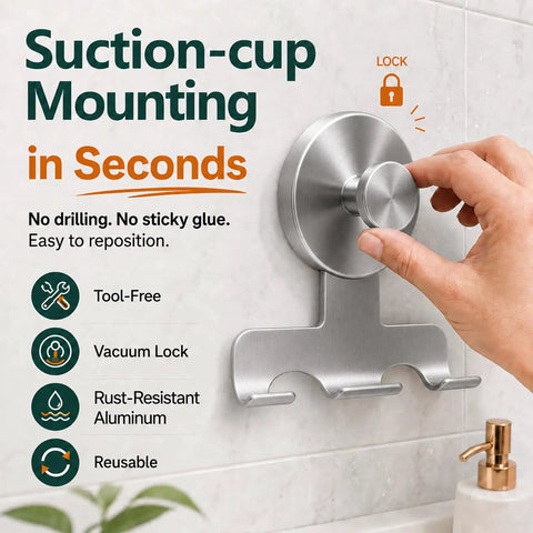 Two Pack Beefy Aluminum Suction Cup Razor Holder For Shower No Sweat Setup On Tile Keeps Razors And Shower Essentials Snug With Sure Twist Lock Base In Classic Brushed Silver Finish mounted on tile.