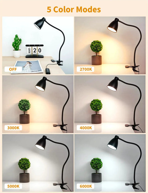Clip On Desk Lamp With Five Color Modes And Stepless Dimming For Reading And Work 10W 38 LED Clamp Light With Five Color Temperatures