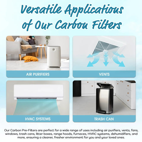 Image showcasing versatile applications of Carbon Activated Air Filter Replacement Pre Filter Sheet 16x48 Cut To Fit Universal For Air Purifiers And Vent Filters Pack Of 6 Made In USA Traps Smoke Odors And Pollutants in air purifiers, vents, HVAC systems, and trash cans.
