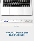 12 Inch Aluminum Ruler With Dual Inch And Metric Scales, Precise Markings, shown next to a laptop for scale illustration.