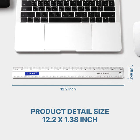12 Inch Aluminum Ruler With Dual Inch And Metric Scales, Precise Markings, shown next to a laptop for scale illustration.