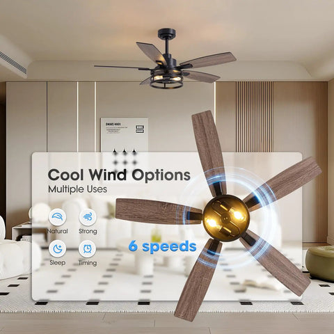 46 Inch Ceiling Fan With Lights And Remote Control Dope Farmhouse Style For Bedroom Living Room And Patio Black Caged Indoor Outdoor With Reversible DC Motor 6 Speed Settings And Quarter Hour Timed Off displayed in modern room